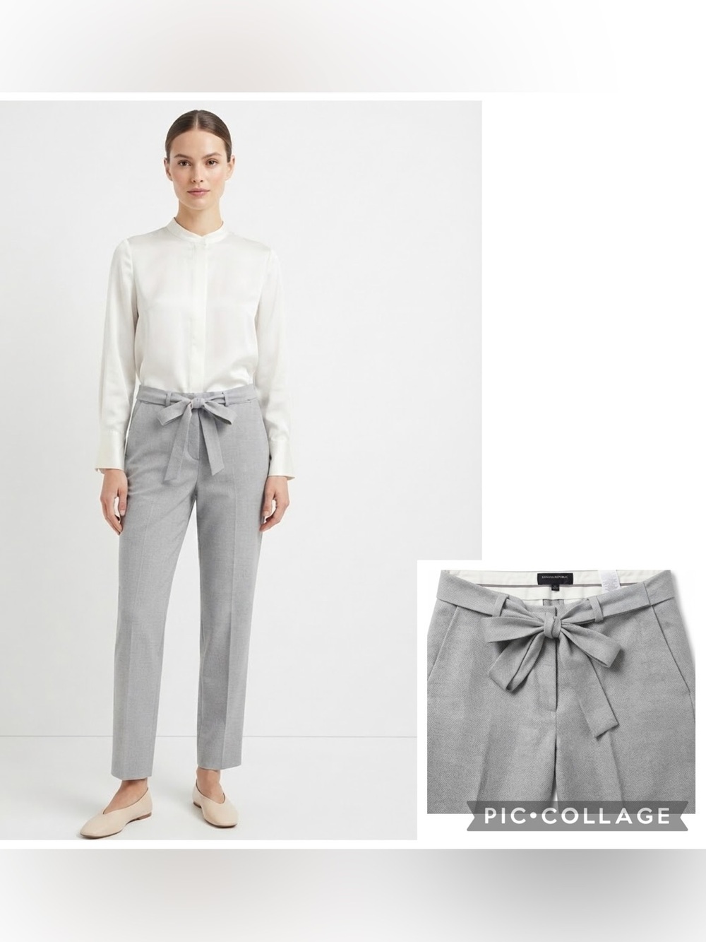 Banana Republic Light Gray Herringbone Curvy Avery Tie-Waist Pants